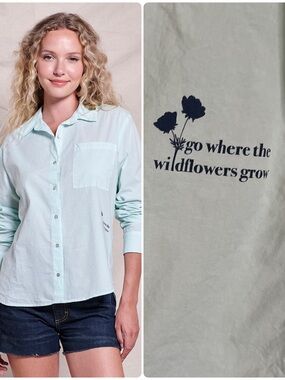 Sundry Go Where The Wildflowers Grow Long Sleeve Button Down Shirt Medium Blue